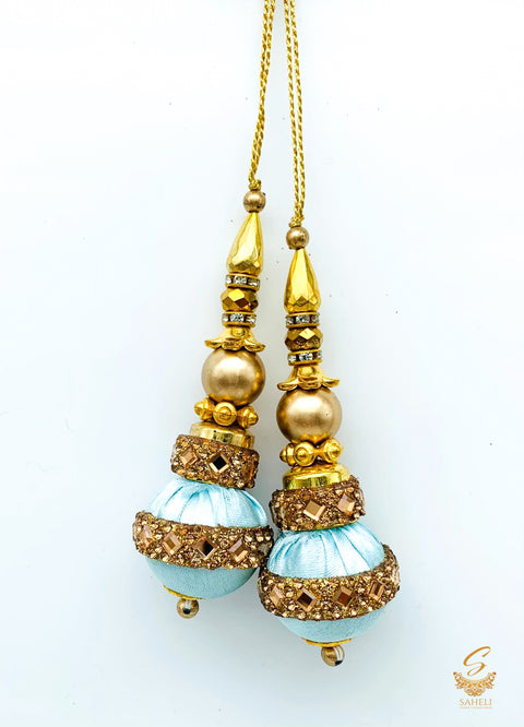 pastel blue velvet based with stone  & jerkan work latkans 8 cm (pair)