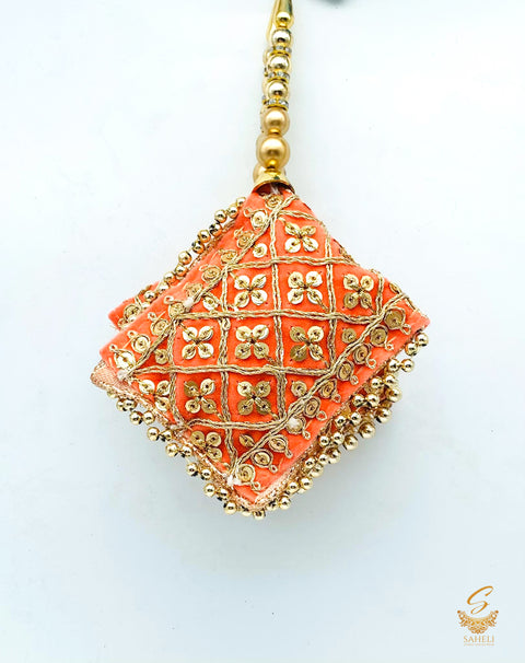 orange colour sequenced cushioned with pearls latkan 16cm (pair)