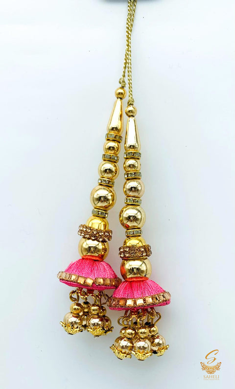 lite pink colour thread work with pearls & jerkan work latkans 11cm (pair)