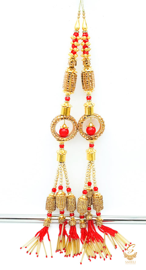 Red and Golden Jerkan With Crystal Stone & Pipe Work Long Latkan 35cm (Pair)