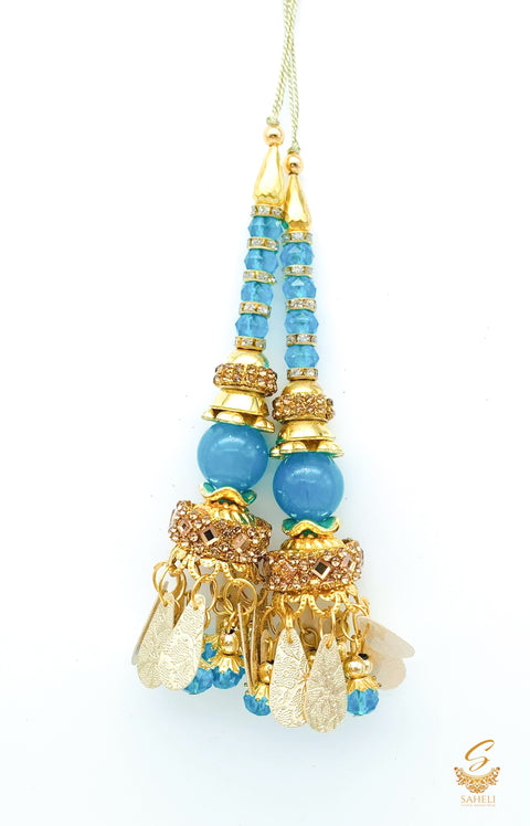 dark firozi pearls with stone work & jerkan work latkans 11cm (pair)