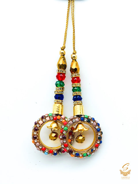 Multicoloured stone work & jerkan work latkans 8cm (pair)