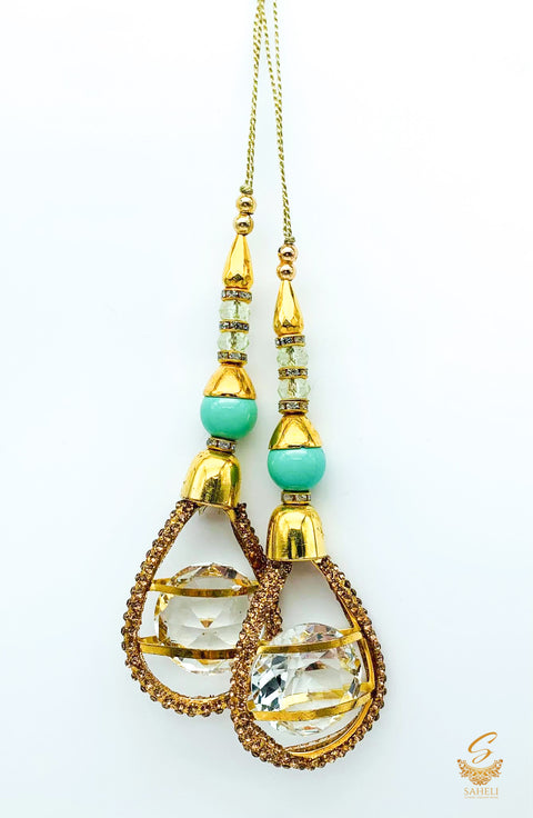 pastel mint colour  gold pearls with jerkan and crystal stone latkan 12 cm (pair)