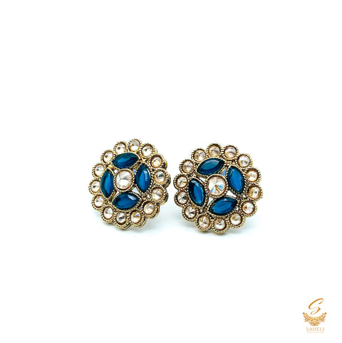 Latest Medium Size Dark Blue Stud Earrings With Polki Stones