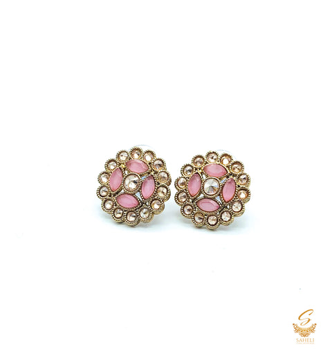 Latest Medium Size Pink Stud Earrings With Polki Stones