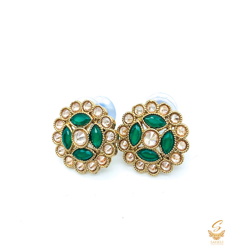 Latest Medium Size Green Stud Earrings With Polki Stones