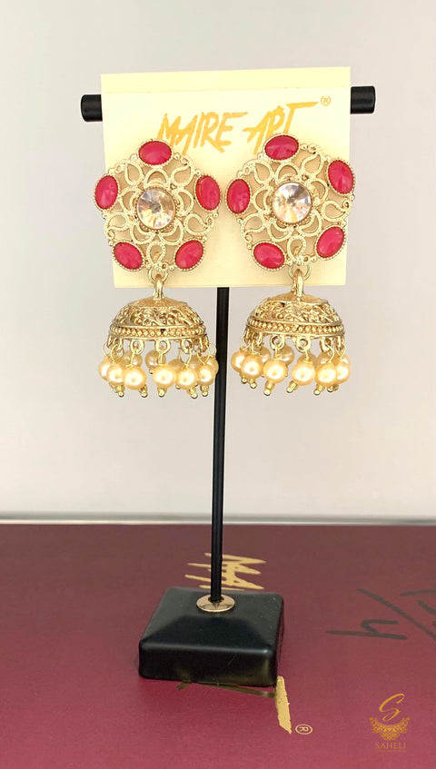 Hotpink Stone And Pearls Beautiful jhumka earrings