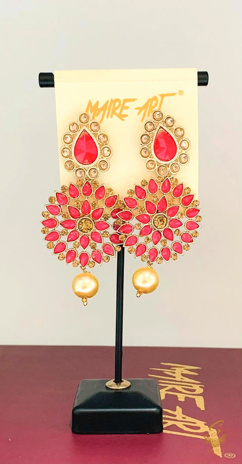 Red Colour Stone And Pearls Beautiful earrings