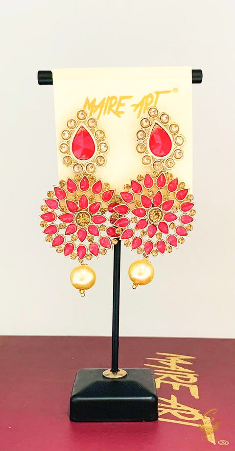 Hot pink  Colour Stone And Pearls Beautiful earrings
