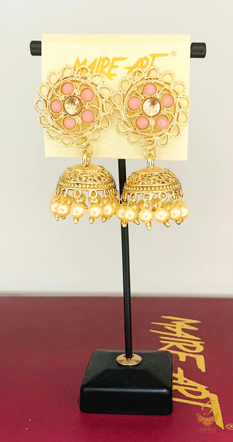 pastel pink  colour Stone And Pearls Beautiful Jhumka