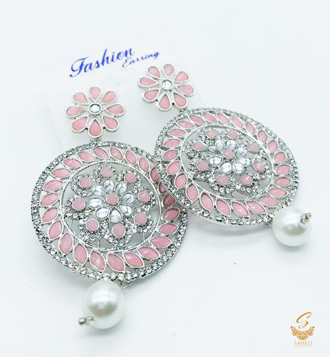 Pastel pink stone  and silver jerkan Stone And Pearls Beautiful Earrings