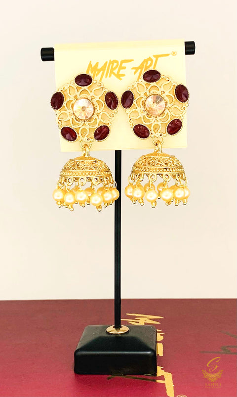 Dark MAroon Stone And Pearls Beautiful jhumka earrings