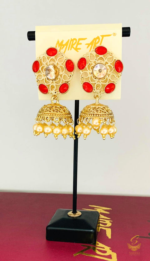 Dark red Stone And Pearls Beautiful jhumka earrings
