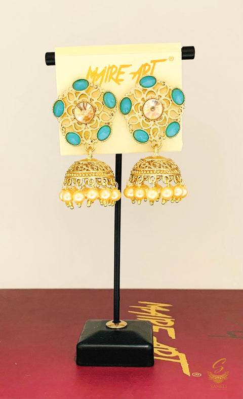 Skyblue  Stone And Pearls Beautiful jhumka earrings