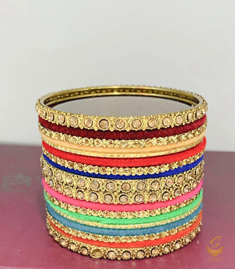 Multicoloured Velvet Bangles With Golden Jerkan Bangles & Kade Set (1 Set