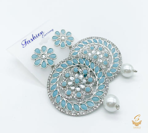 pastel blue stone  and silver jerkan Stone And Pearls Beautiful Earrings