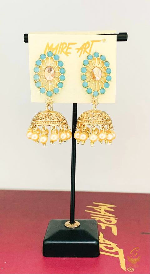 sky blue colour Stone And Pearls Beautiful Jhumka