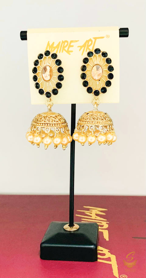 black colour Stone And Pearls Beautiful Jhumka