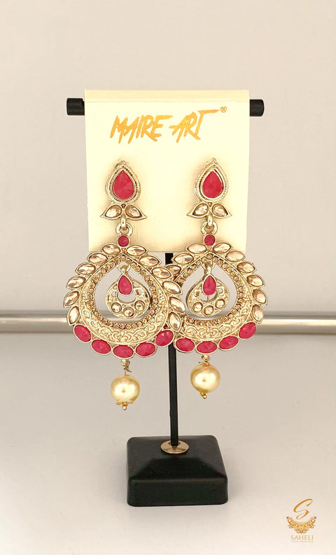 Hot pink stone  and golden jerkan Stone And Pearls Beautiful Earrings