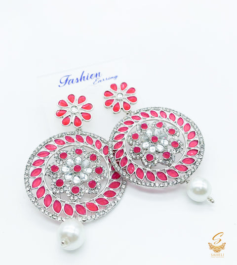 Hot pink stone  and silver jerkan Stone And Pearls Beautiful Earrings