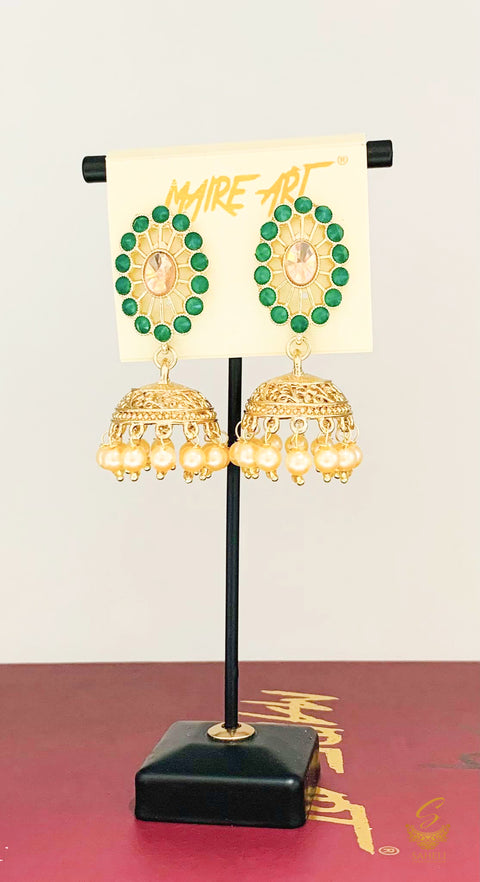 green  colour Stone And Pearls Beautiful Jhumka