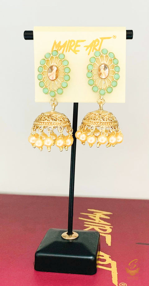 seafoam colour Stone And Pearls Beautiful Jhumka