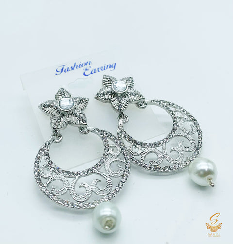Silver Stone And Pearls Beautiful Earrings