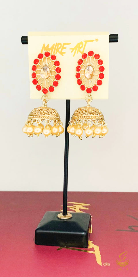 red colour Stone And Pearls Beautiful Jhumka