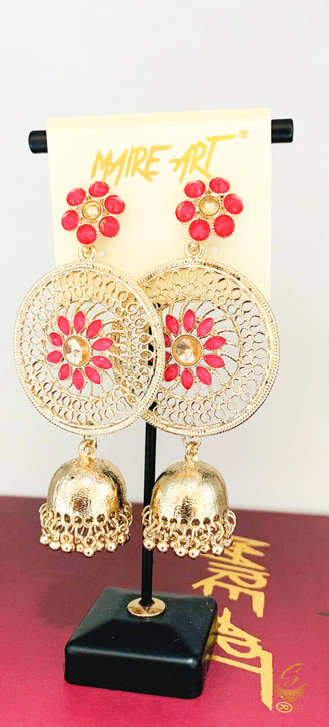Hot pink Colour Stone And Pearls Beautiful jhumka  Earrings