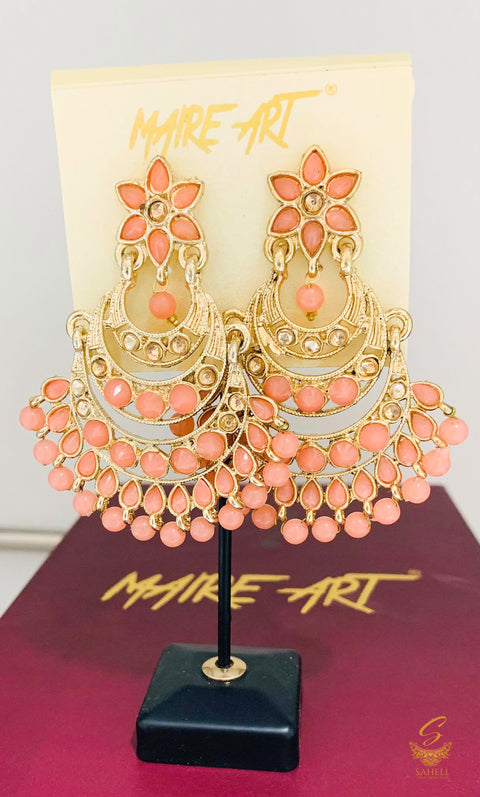 peachy pink colour Stone And Pearls Beautiful Earrings