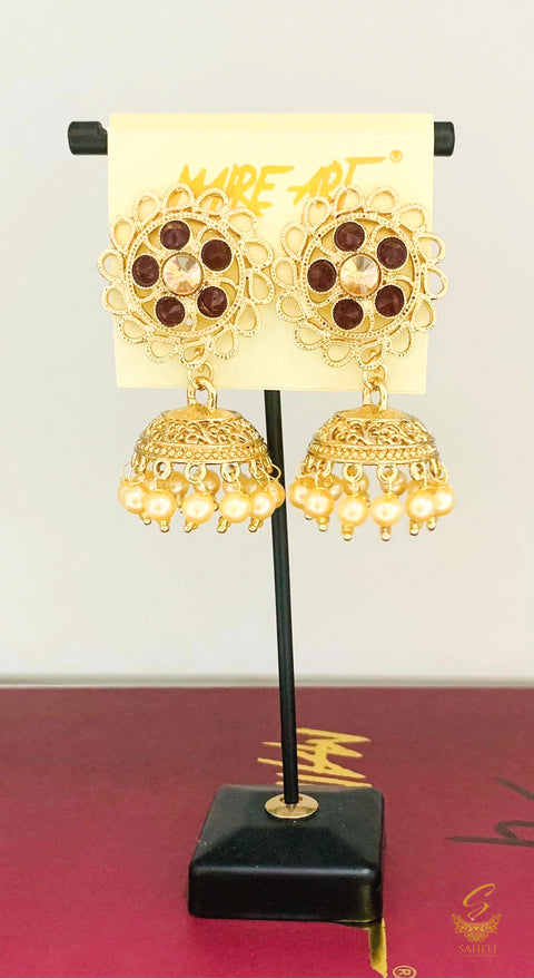 Dark Maroon colour Stone And Pearls Beautiful Jhumka
