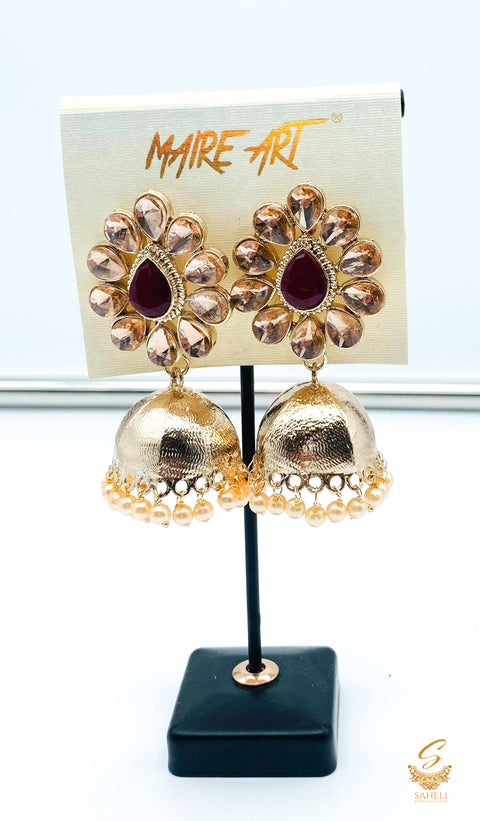 Dark Maroon Stone And Pearls Beautiful jhumka