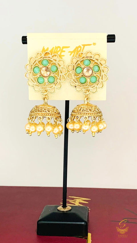 Sea foam colour Stone And Pearls Beautiful Jhumka