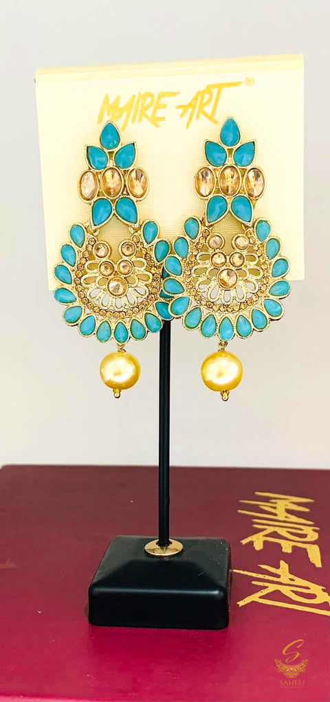 Skyblue Colour Stone And Pearls Beautiful Earrings