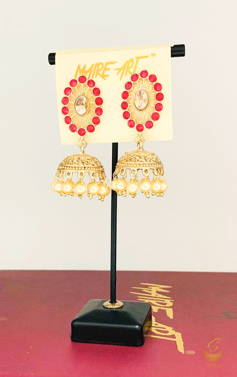 hot pink colour Stone And Pearls Beautiful Jhumka