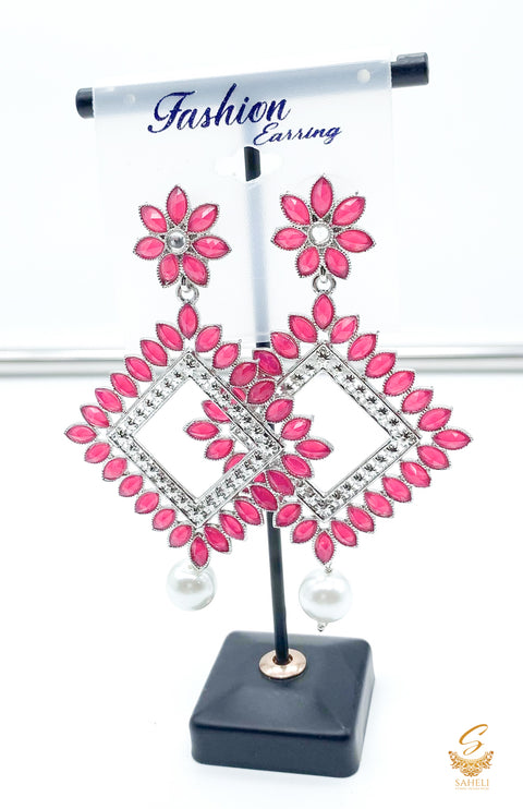 Hotpink colour stone with pearl beautiful silver earring