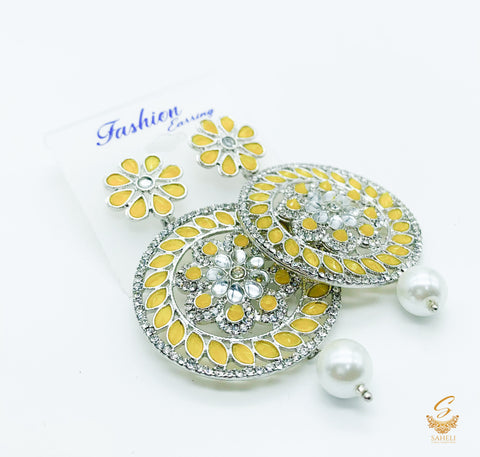 yellow stone  and silver jerkan Stone And Pearls Beautiful Earrings