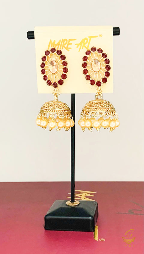 Dark MAroon colour Stone And Pearls Beautiful Jhumka