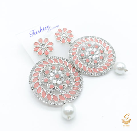 peach stone  and silver jerkan Stone And Pearls Beautiful Earrings