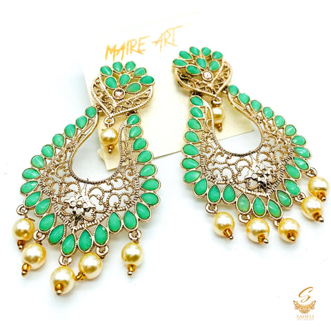 sea green Stone And Pearls Beautiful Earrings