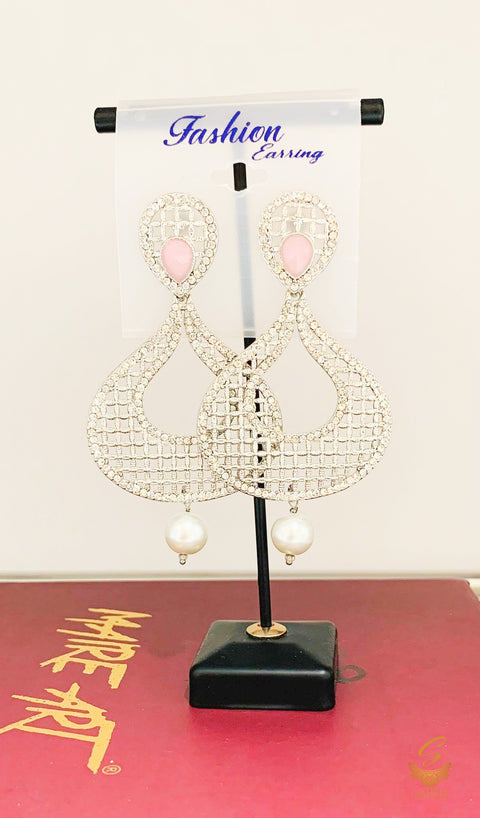 Baby pink stone  and silver jerkan Stone And Pearls Beautiful Earrings