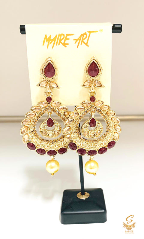 Dark Maroon stone  and golden jerkan Stone And Pearls Beautiful Earrings