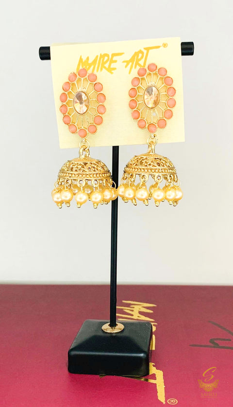 pastel peach colour Stone And Pearls Beautiful Jhumka