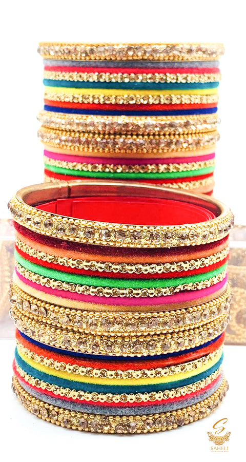 Multicoloured Velvet Bangles With Golden Jerkan Bangles & Kade Set (1 Set)