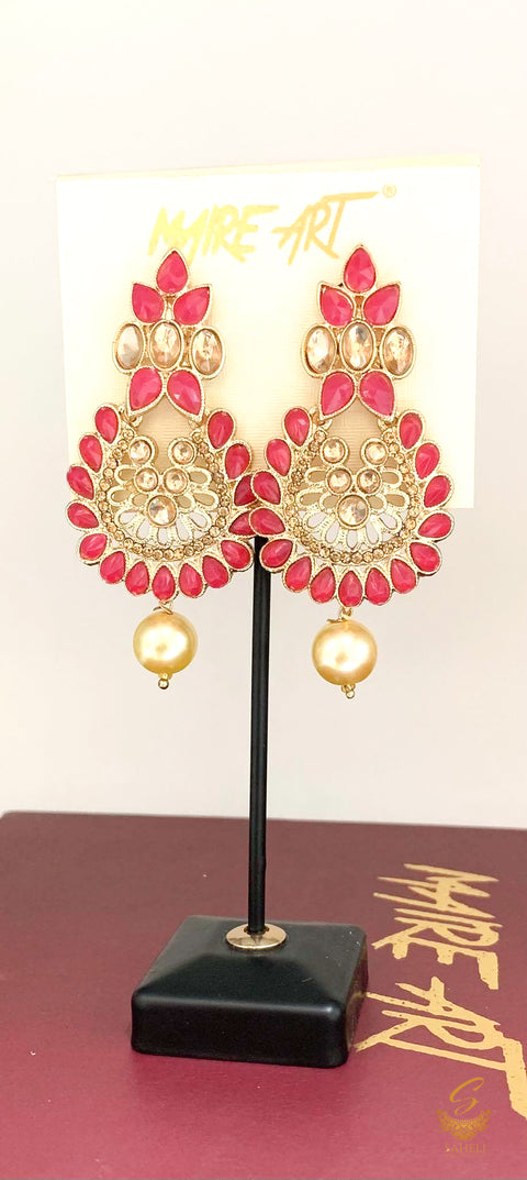 Hot pink Colour Stone And Pearls Beautiful Earrings