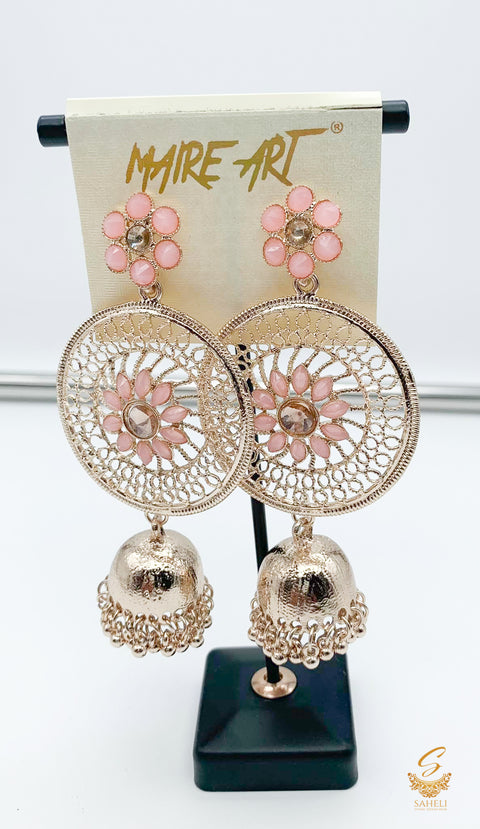 pastel pink Stone And Pearls Beautiful jhumka  Earrings