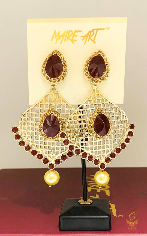 Dark MAroon colour Stone And Pearls Beautiful Jhumka