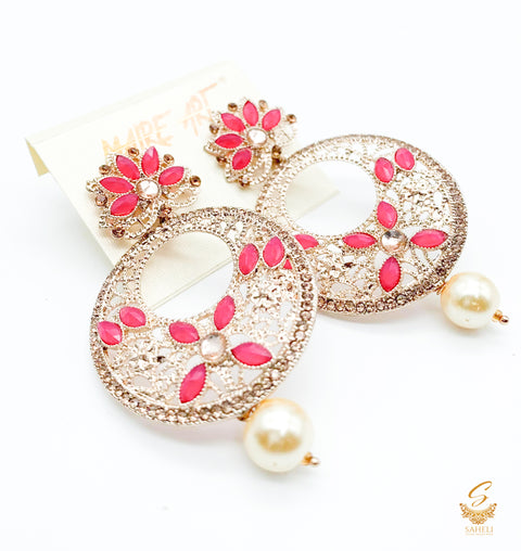 Hot pink Stone And Pearls Beautiful earrings