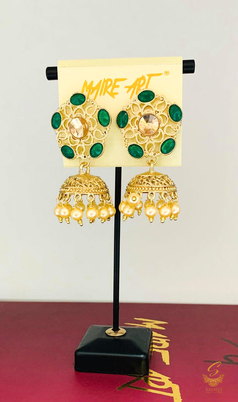 Dark green Stone And Pearls Beautiful jhumka earrings