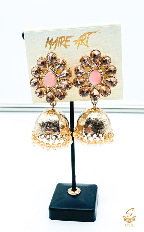 PAstel pink Stone And Pearls Beautiful jhumka